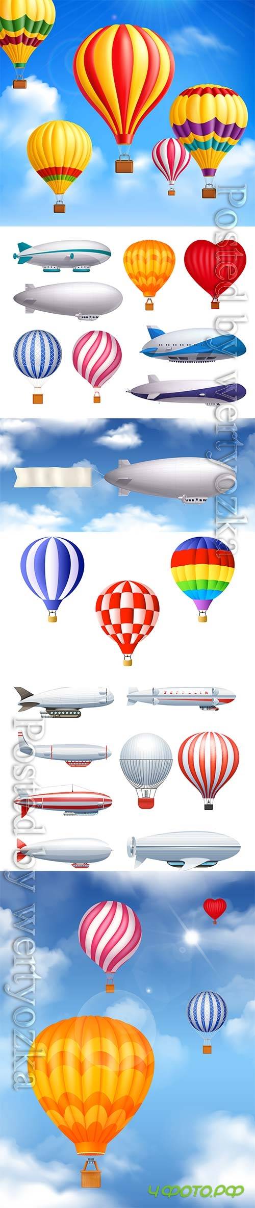 Dirigible and balloons transportation realistic vector set