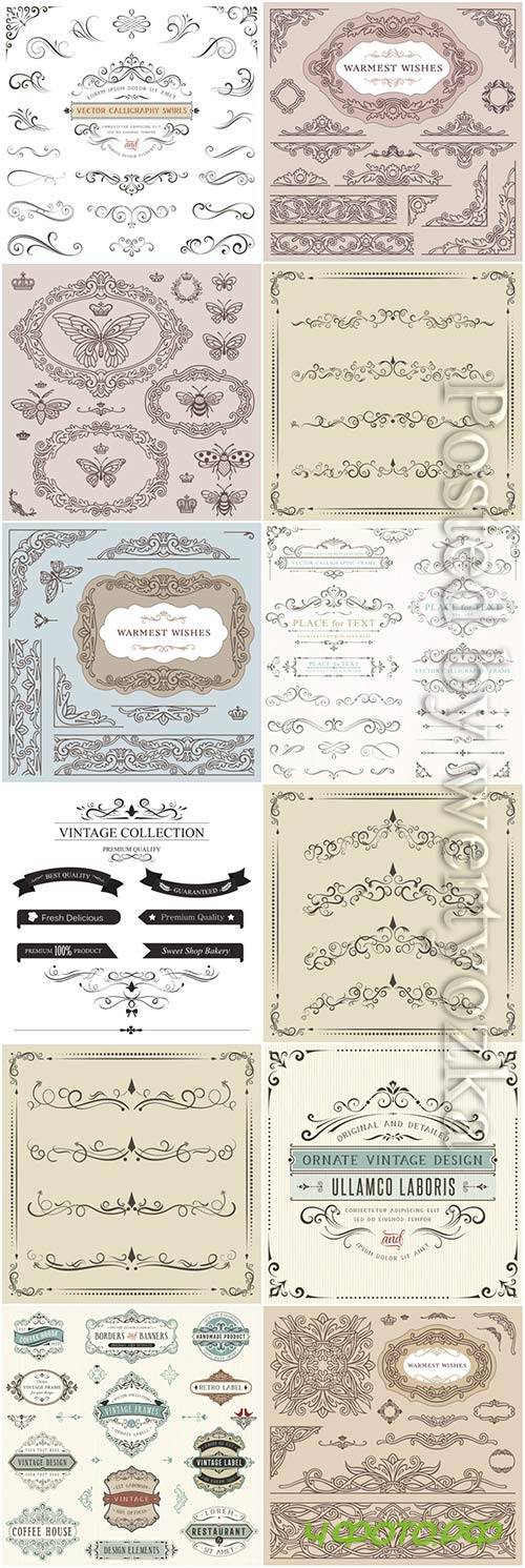 Retro frames and scrolls, ornaments, labels elements vector