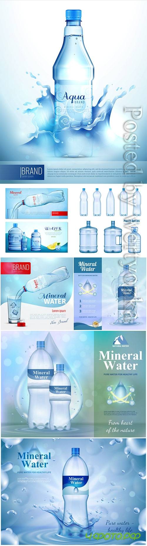 Water bottle ad banner, flask with drink, splashing water drops in vector