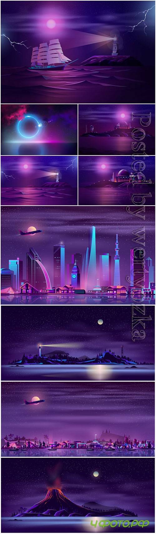 Seashore neon background realistic vector design
