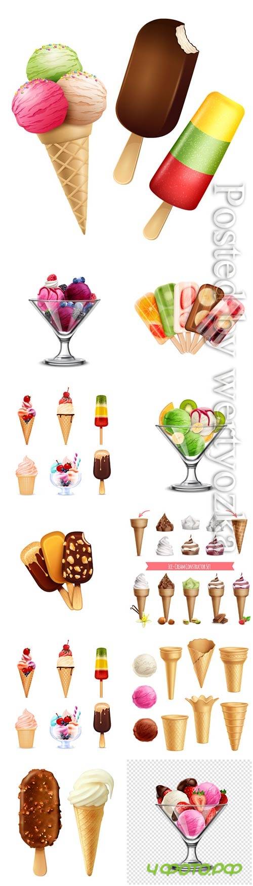 Ice cream platter, chocolate and vanilla ice cream with berries in vector