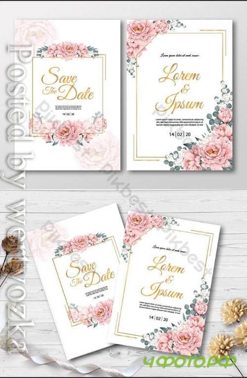 Wedding Invitation card with pink Paeonia flowers and gold frame watercolor drawing