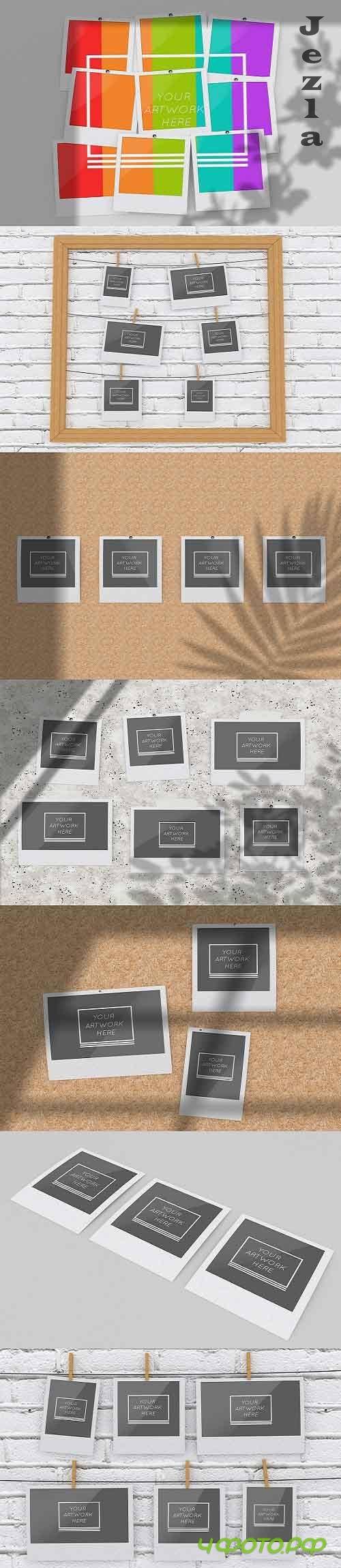 Instant Photos Collage Mockup in Wooden Frame, on Plywood Wall