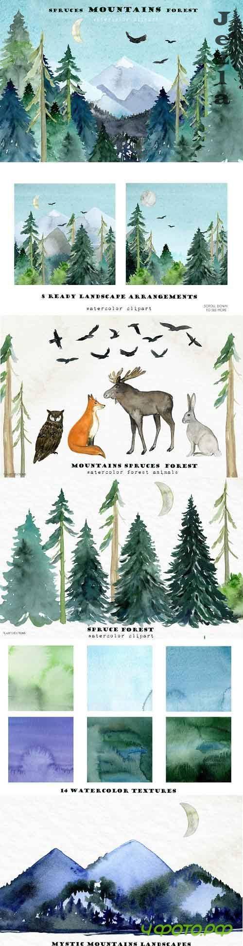 Mountains Spruces Forest. Watercolor - 5226346