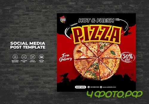 Food menu and delicious pizza restaurant for social media vector template