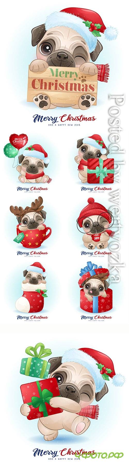 Cute doodle pug for christmas day with watercolor vector illustration