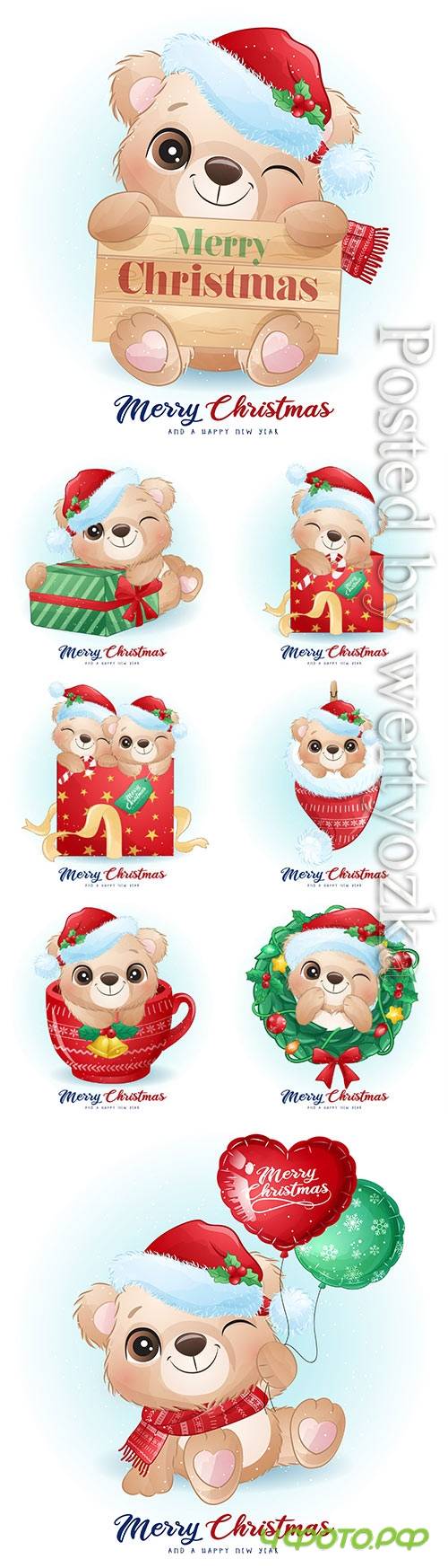Cute doodle bear for christmas day with watercolor vector illustration