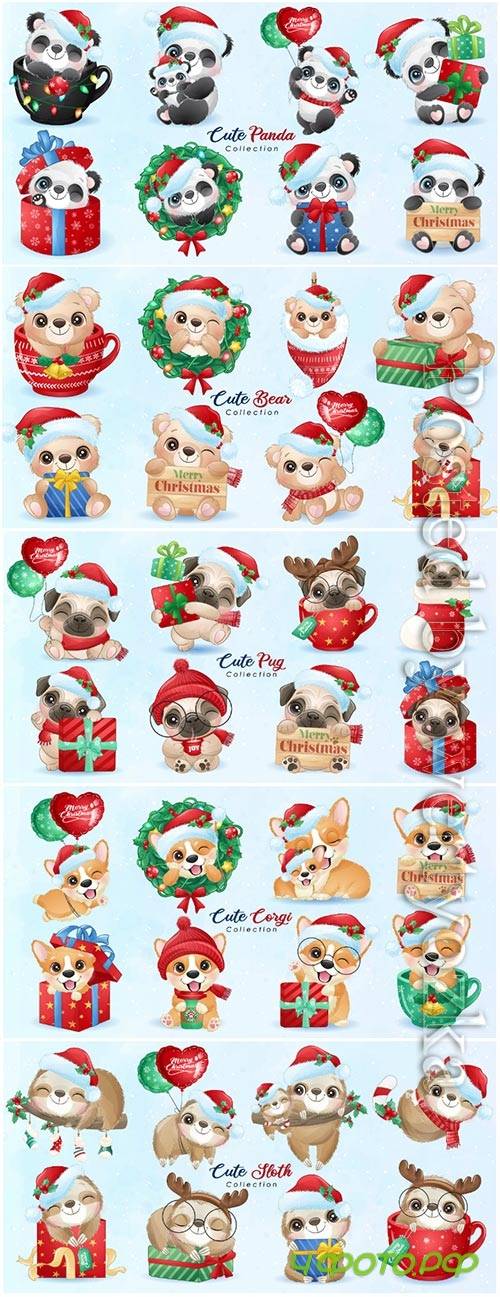 Animals vector for christmas day with watercolor illustration