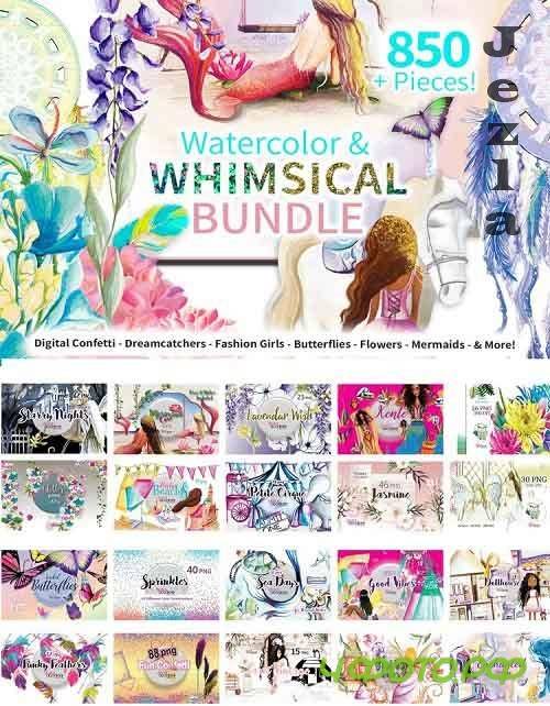 850 Piece Watercolor & Whimsical Graphics Bundle - 24302