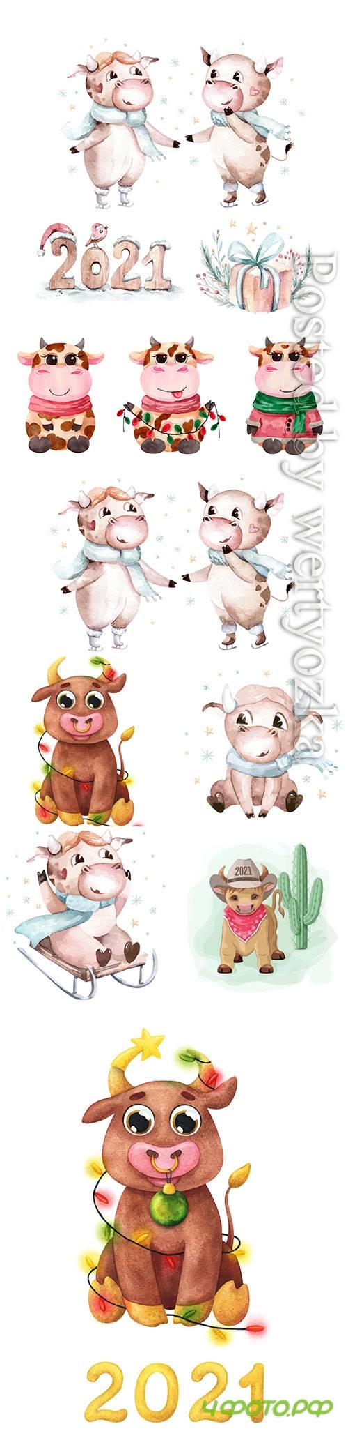 Watercolor cartoon bull vector illustration, symbol of the year
