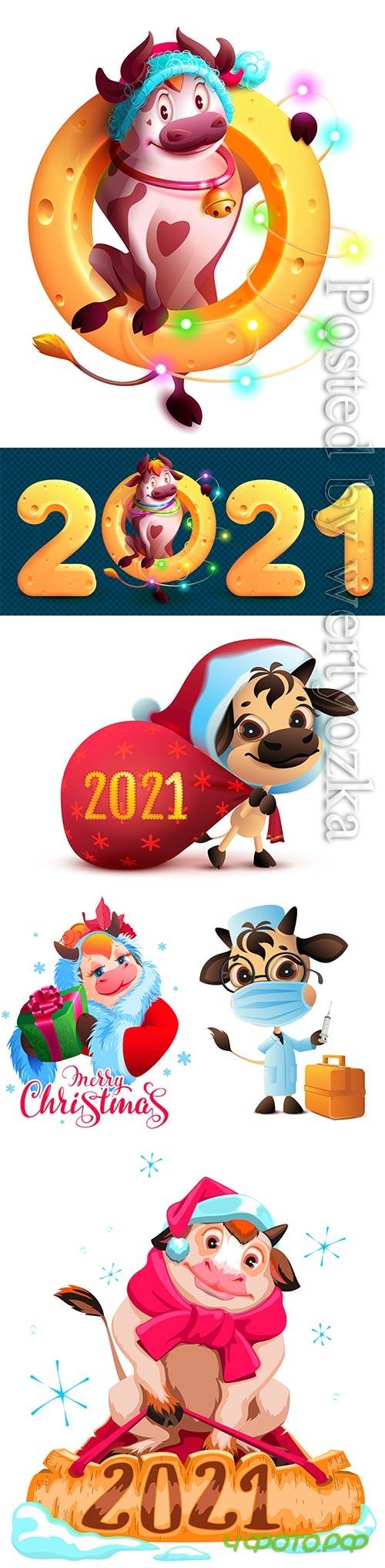 Merry christmas text santa cow symbol 2021 vector illustration