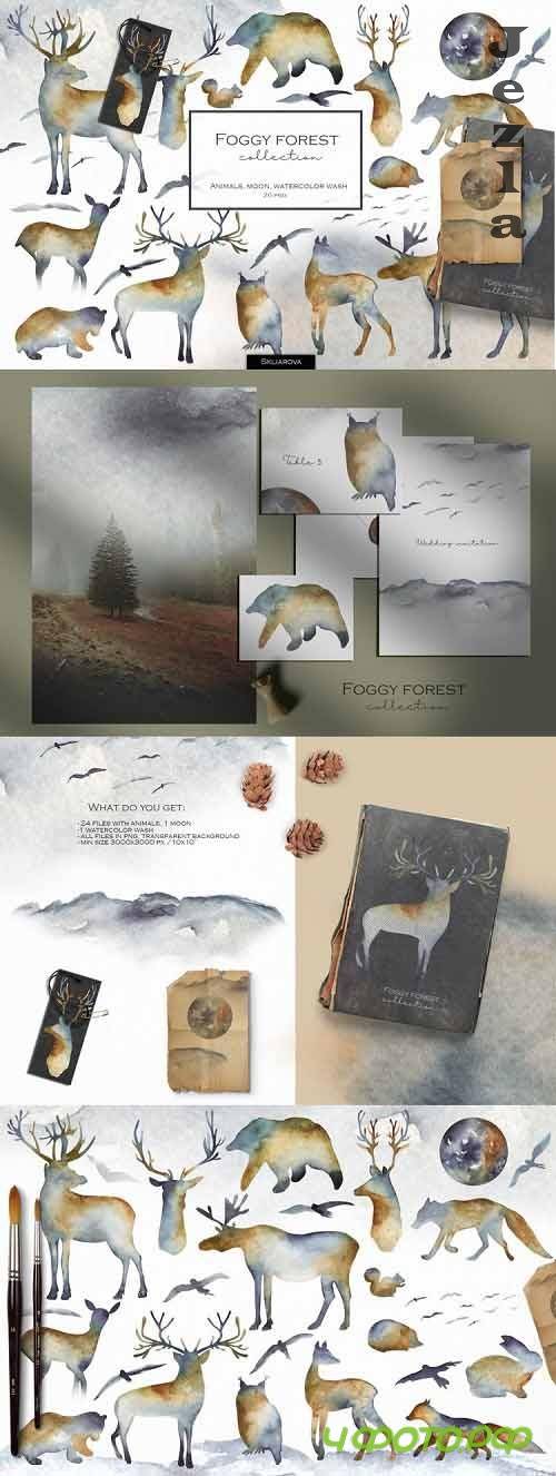 Foggy forest collection. Watercolor animals - 1052125