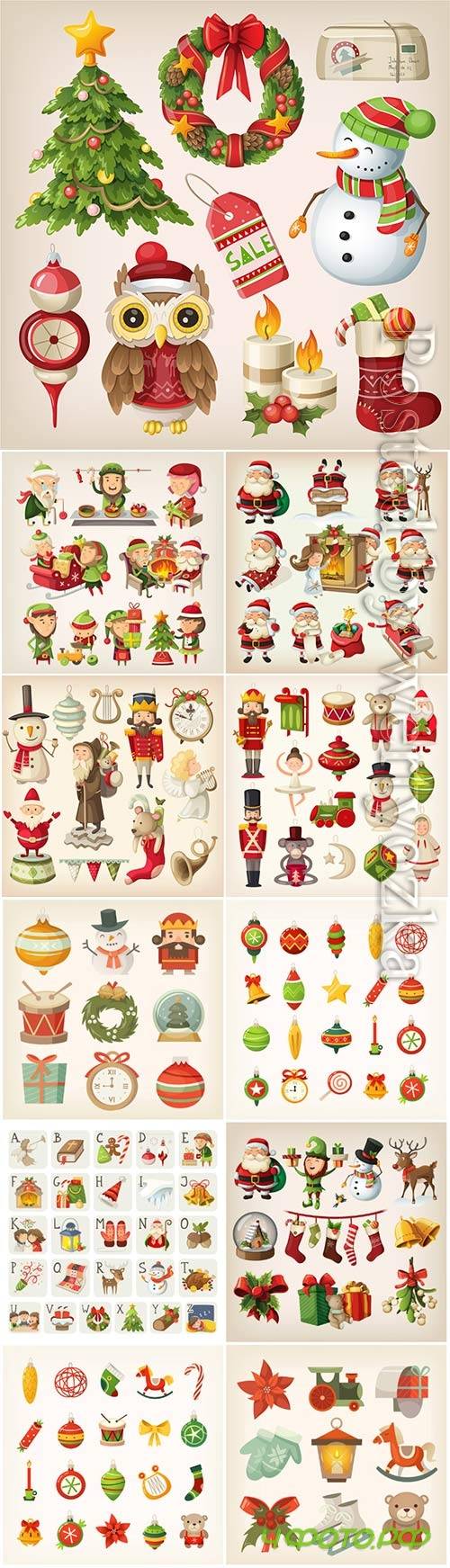 Set of christmas items and vector characters