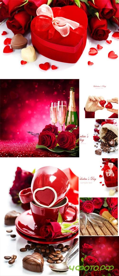 Romantic stock photo with champagne, roses and sweets