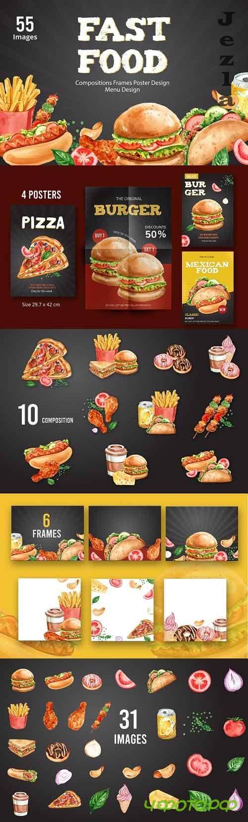 Fast Food and dessert sweet bake Watercolor Illustration set - 5712951