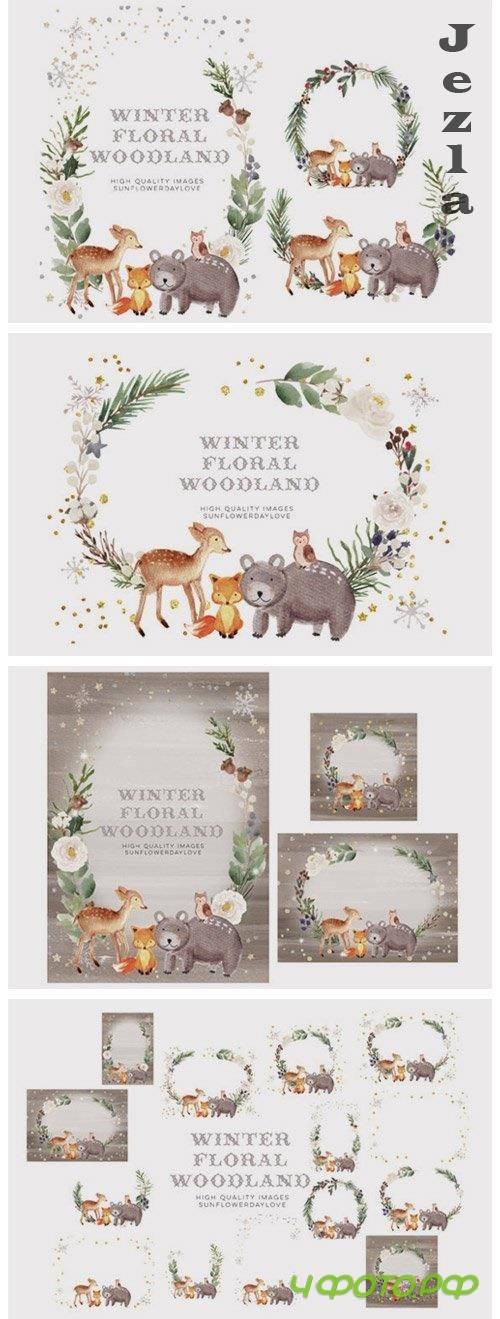 Frame Watercolor Winter Woodland, Christmas Animal Clipart - 1103911