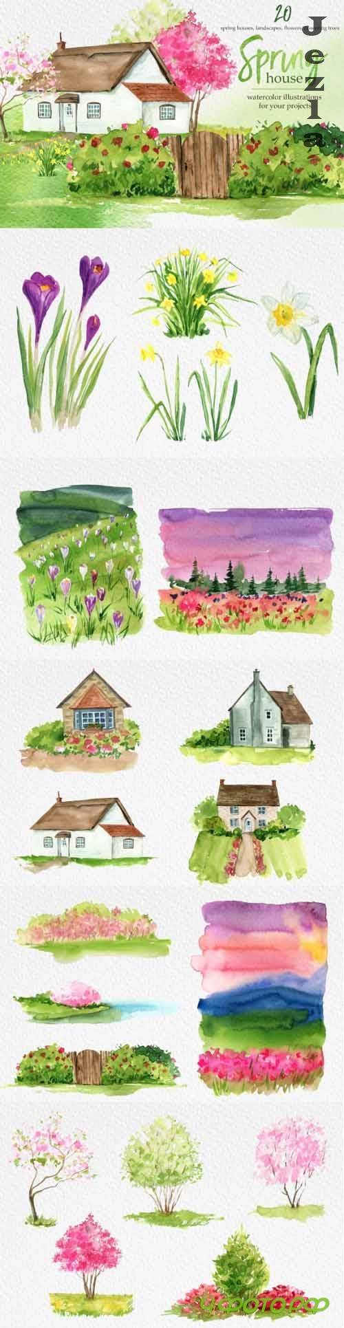 Watercolor Spring House Clipart