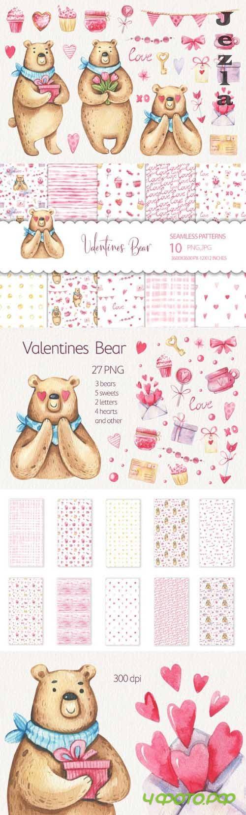 Watercolor Valentines Day Clipart and Seamless Patterns