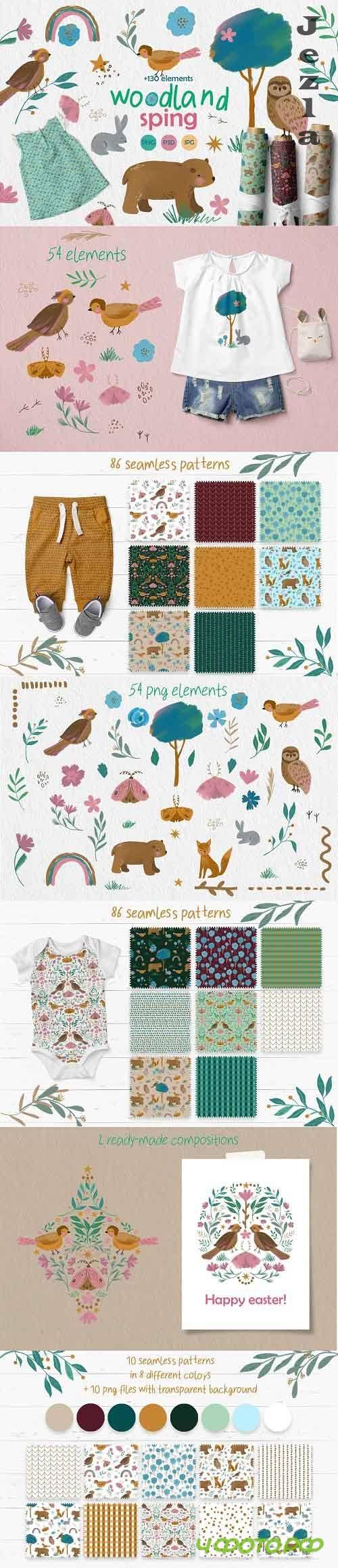 Woodland spring, clipart & patterns - 5830263
