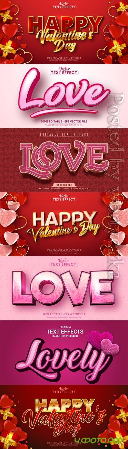 Valentine text effects style in vector with hearts