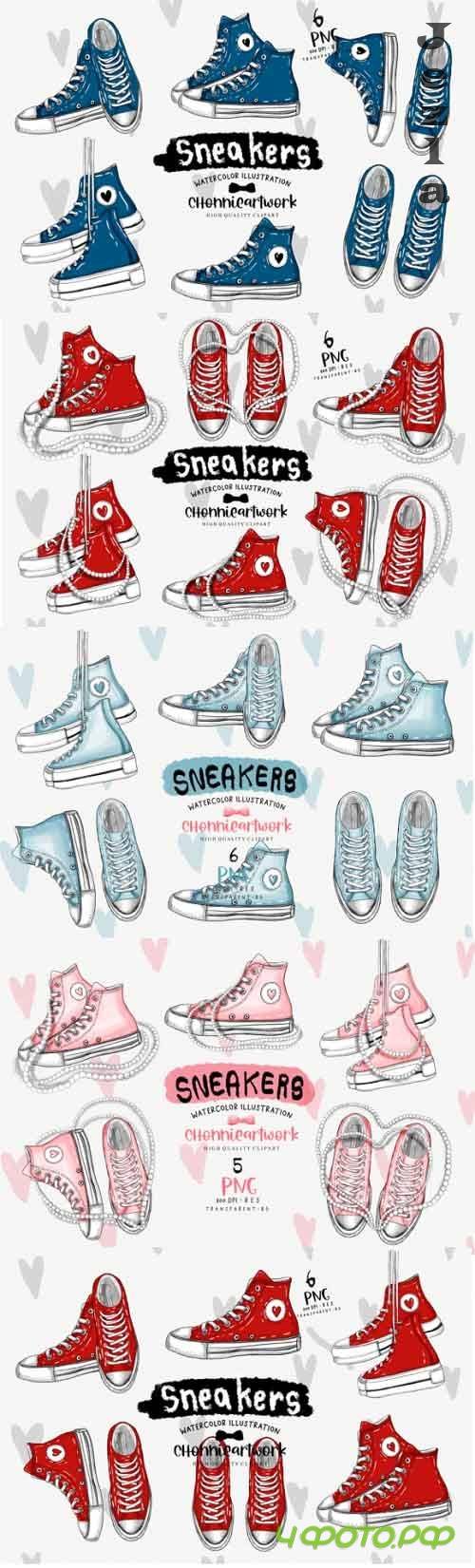 Sneakers Clipart Bundle - Red Shoes, Navy Blue, Pearls, Blue