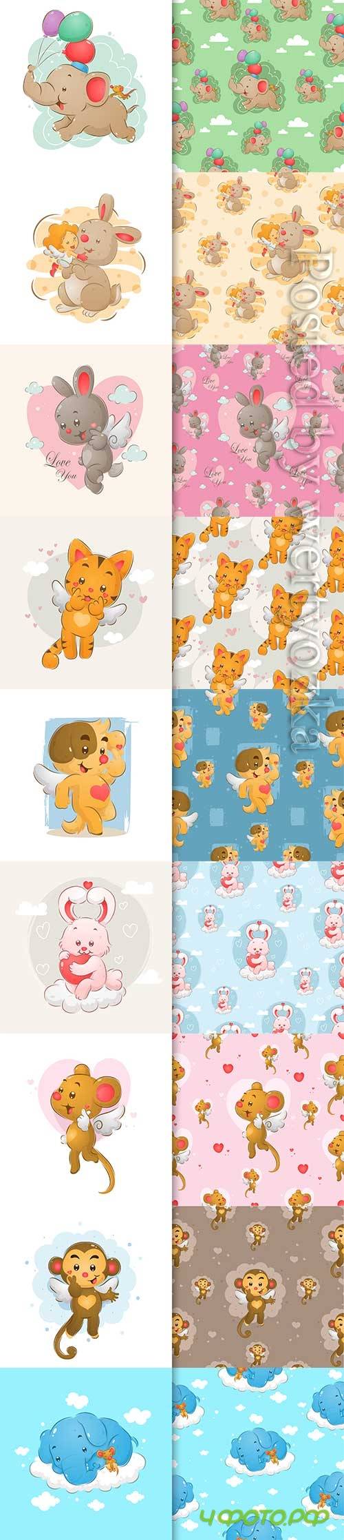 Hand drawn seamless pattern with animals for valentine's day
