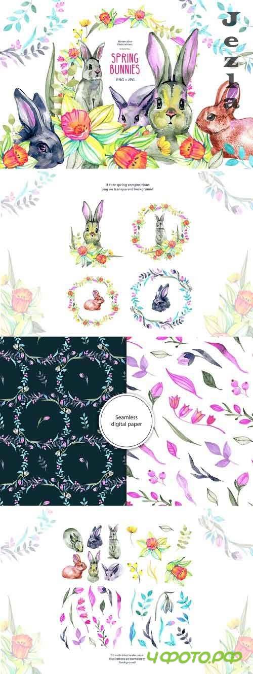 Watercolor spring bunnies - 5859639