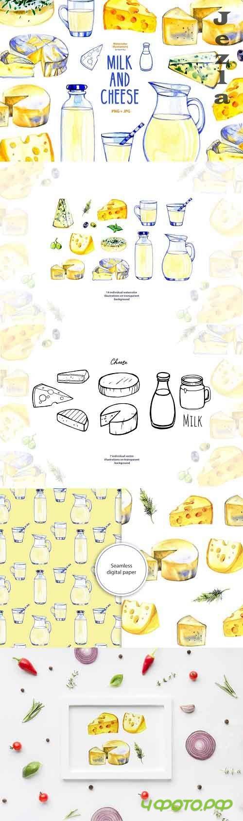 Milk and cheese - watercolor clipart - 5836011
