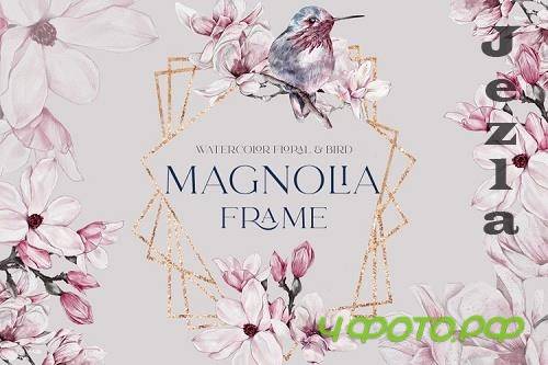 Watercolor Floral Rose Gold Frame Birds Geometric Frame PNG - 1189199