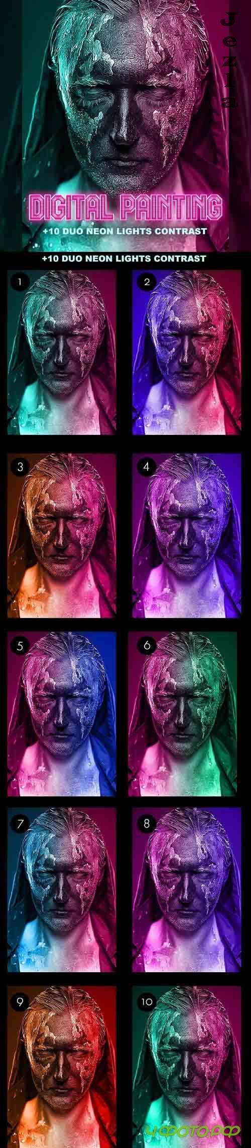 Digital Painting + 10 Duo Neon Light Contrast - Photoshop Action - 30220055