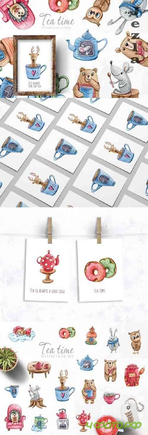Watercolor cute forest animals clipart. Tea time collection - 682965