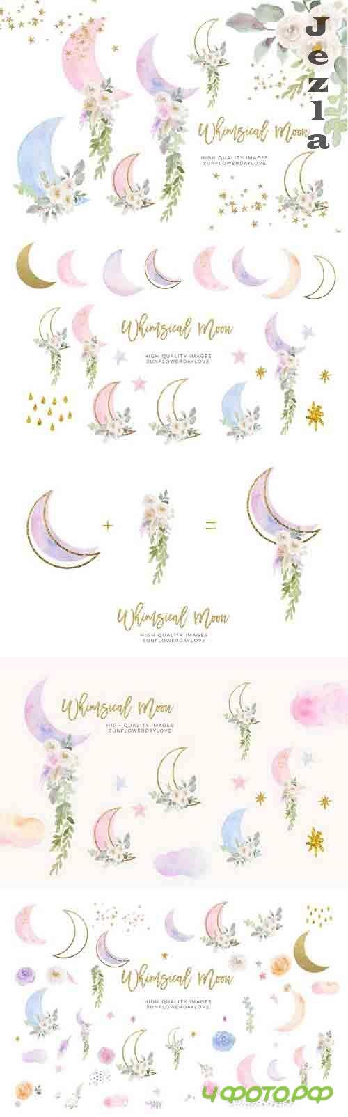 Moon Clouds Stars clipart, Greenery Gold Glitter Whimsical - 1243212