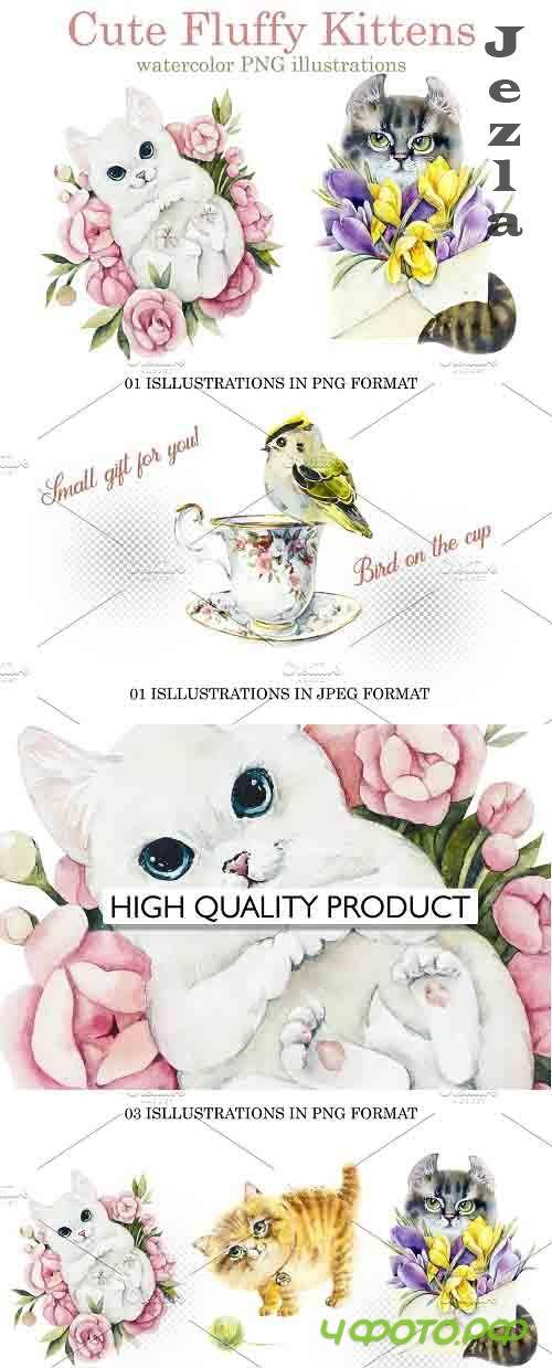 Watercolor Cute Fluffy Kittens - 6029991