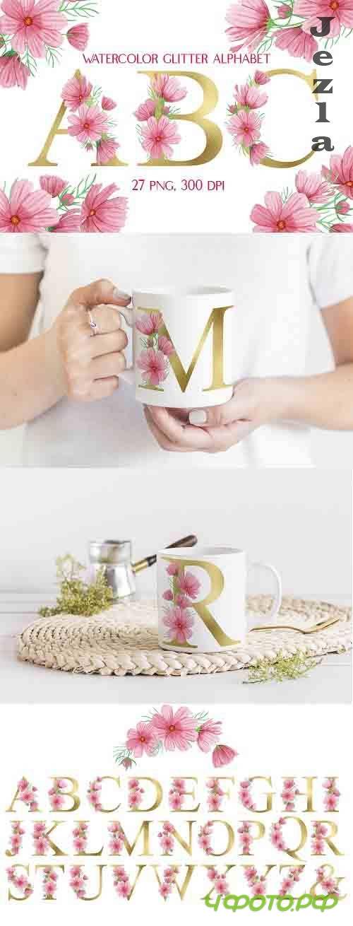 Gold Floral Alphabet Pink Flowers Watercolor Clipart - 1305671 Gold Floral Alphabet Pink Flowers Watercolor Clipart - 1305671
