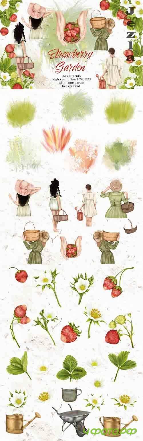 Summer Strawberry Clipart Girl Garden Cottage Flower Leaves - 1312624