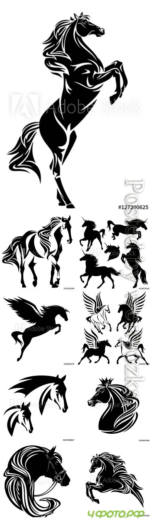 Horses, unicorns and pegasuses in vector