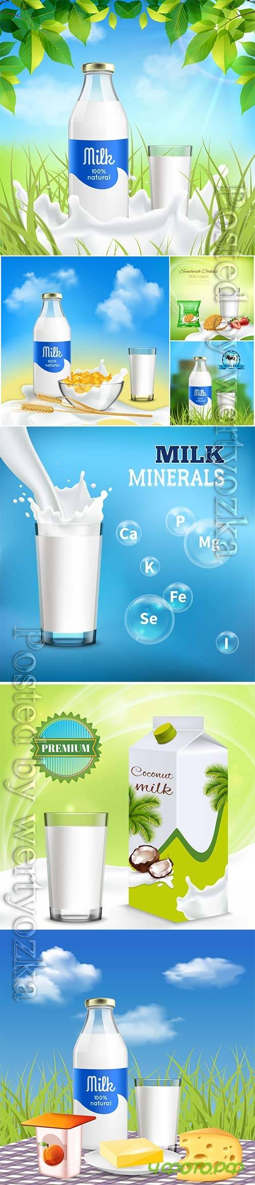 Milk ,bottle, glass, isometric, element, vector, collection