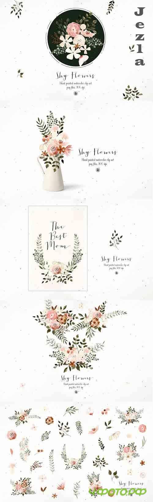 Shy Flowers - watercolor clipart - 6117759