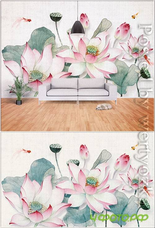 New chinese 3d lotus flower blooming background wall