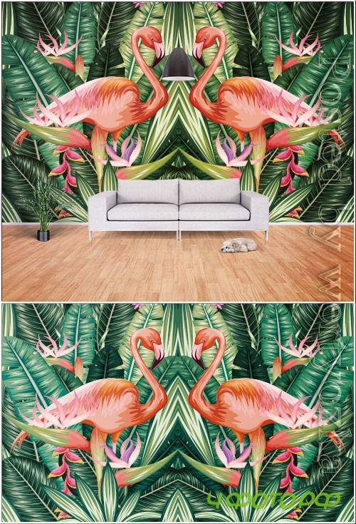 Modern hand drawn abstract tropical rainforest banana leaf flame bird tv background