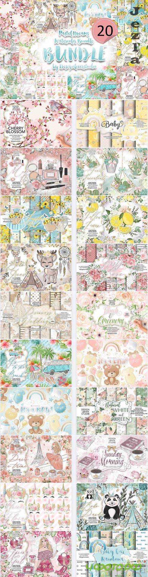Pastel Dreams Watercolor Bundle - 20 Premium Graphics