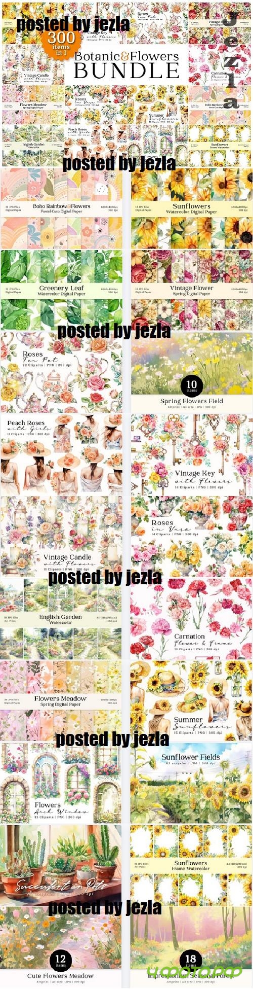 Botanical Flowery Watercolor Bundle - 20 Premium Graphics