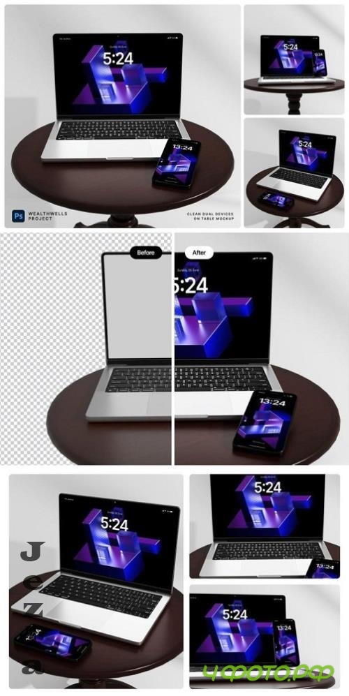 Clean Dual Devices On Table Mockup - 892DWF5